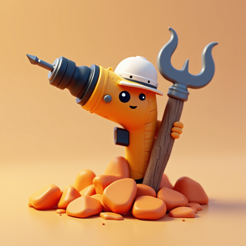 A cute cartoon drill with a face and hat cheerfully holds a trident amidst orange rocks.