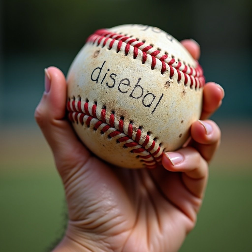 A hand grips a worn baseball. The baseball shows signs of use. The hand prepares for a pitch. Background is blurred. Natural light highlights the baseball.