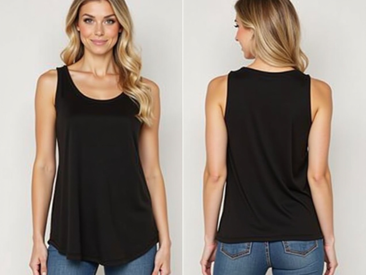 The image showcases a black tank top from both the front and back views. It is a sleek, sleeveless design, perfect for casual outings. The fabric appears soft and comfortable, making it ideal for warm weather. The model's hairstyle complements the simplicity of the top. This versatile piece can be paired with various styles, from jeans to skirts. It demonstrates a modern aesthetic suitable for both everyday use and dressing up.