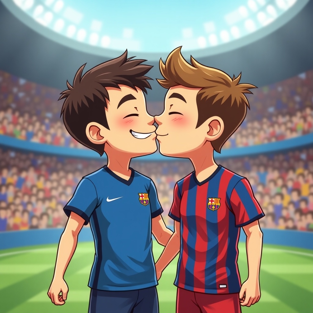 This image showcases two cartoon characters resembling football players. They are in a playful embrace, sharing a kiss in a vibrant stadium. One character is dressed in a blue jersey, while the other sports a red and blue striped jersey. The background is filled with an enthusiastic crowd, adding to the lively atmosphere. The scene captures a joyful moment, reflecting themes of camaraderie and playful rivalry in sports.