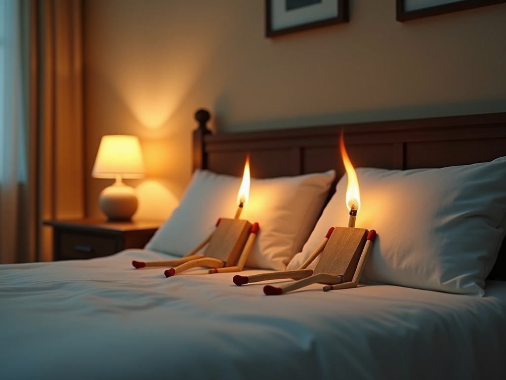 In a warmly lit bedroom, two matchstick figures with lit heads are propped up against pillows on a bed. The scene is whimsical, presenting an imaginative and playful twist to an ordinary setting, suggesting the intense spark of intimacy or ideas shared between these two figures.