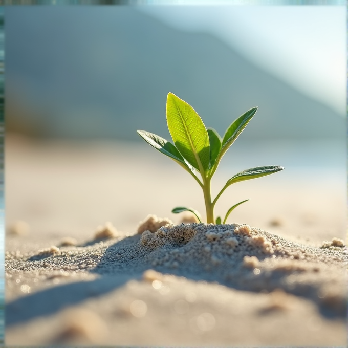 A small green plant sprouts from sandy soil, bathed in soft sunlight.