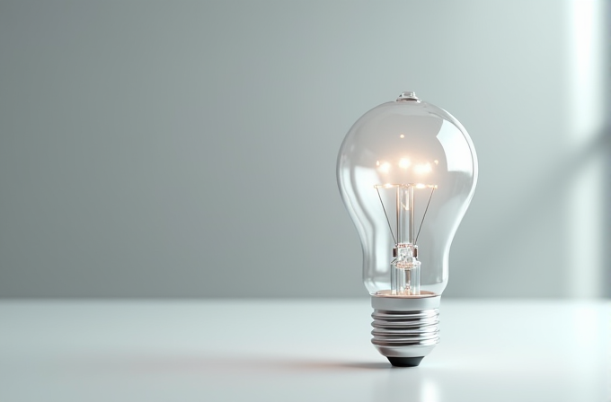 A single glowing light bulb stands on a smooth surface against a soft, blurred grey background.