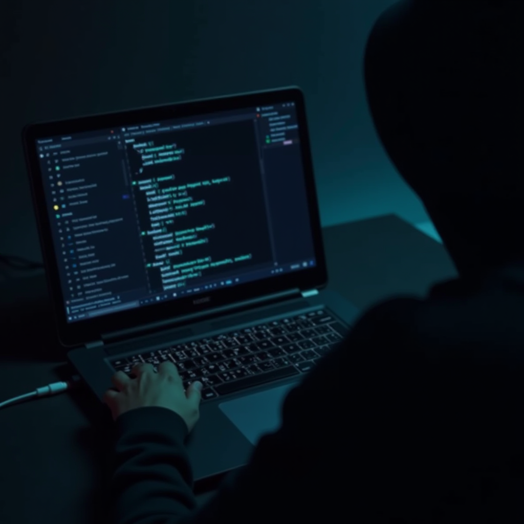 A person in a hoodie is coding on a laptop in a dimly lit room.