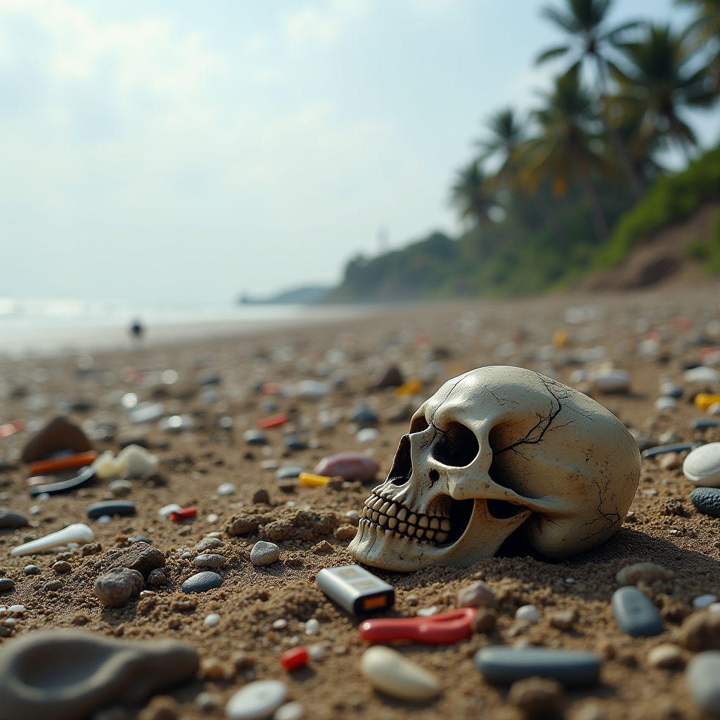 A skull lies amidst scattered plastic debris on a tropical beach, highlighting environmental concerns.