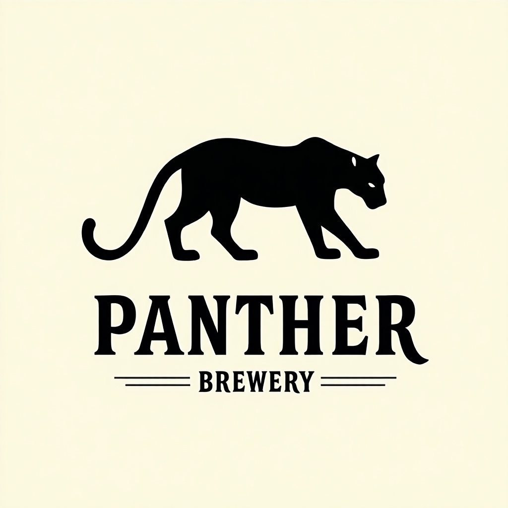 Minimalistic black panther silhouette logo with Rococo art elements. Words 'PANTHER BREWERY' in modern funky typeface.