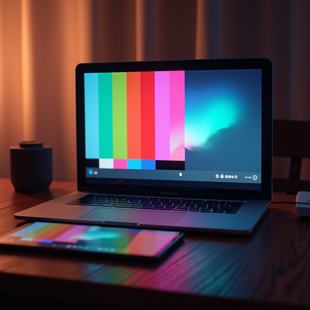 A laptop displaying a colorful gradient sits alongside a tablet in a dimly lit room.