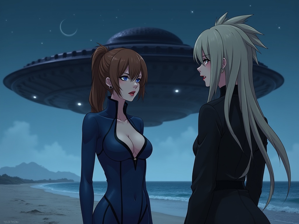 Two animated characters stand on a beach at night with a large UFO hovering in the background.