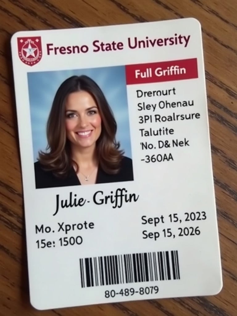 Student ID card of Fresno State University. Full name is Julie Griffin. Card contains text about student details and expiry of Sept 15, 2023 to Sept 15, 2026.