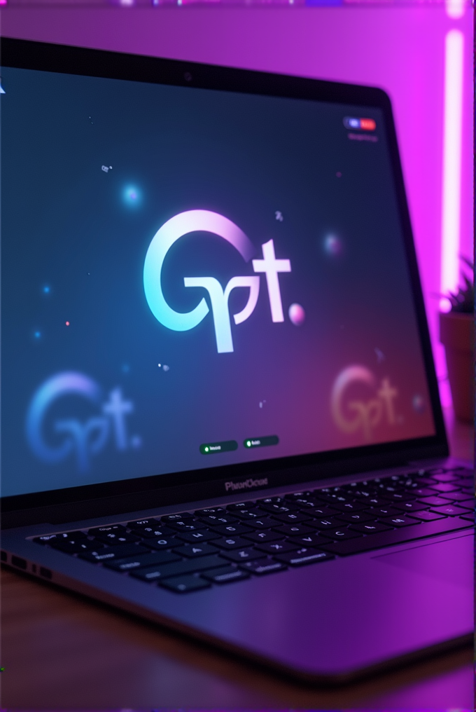 A laptop displays a glowing 'Gpt' logo on its screen, set against a dark background with a soft pink and purple ambient light.