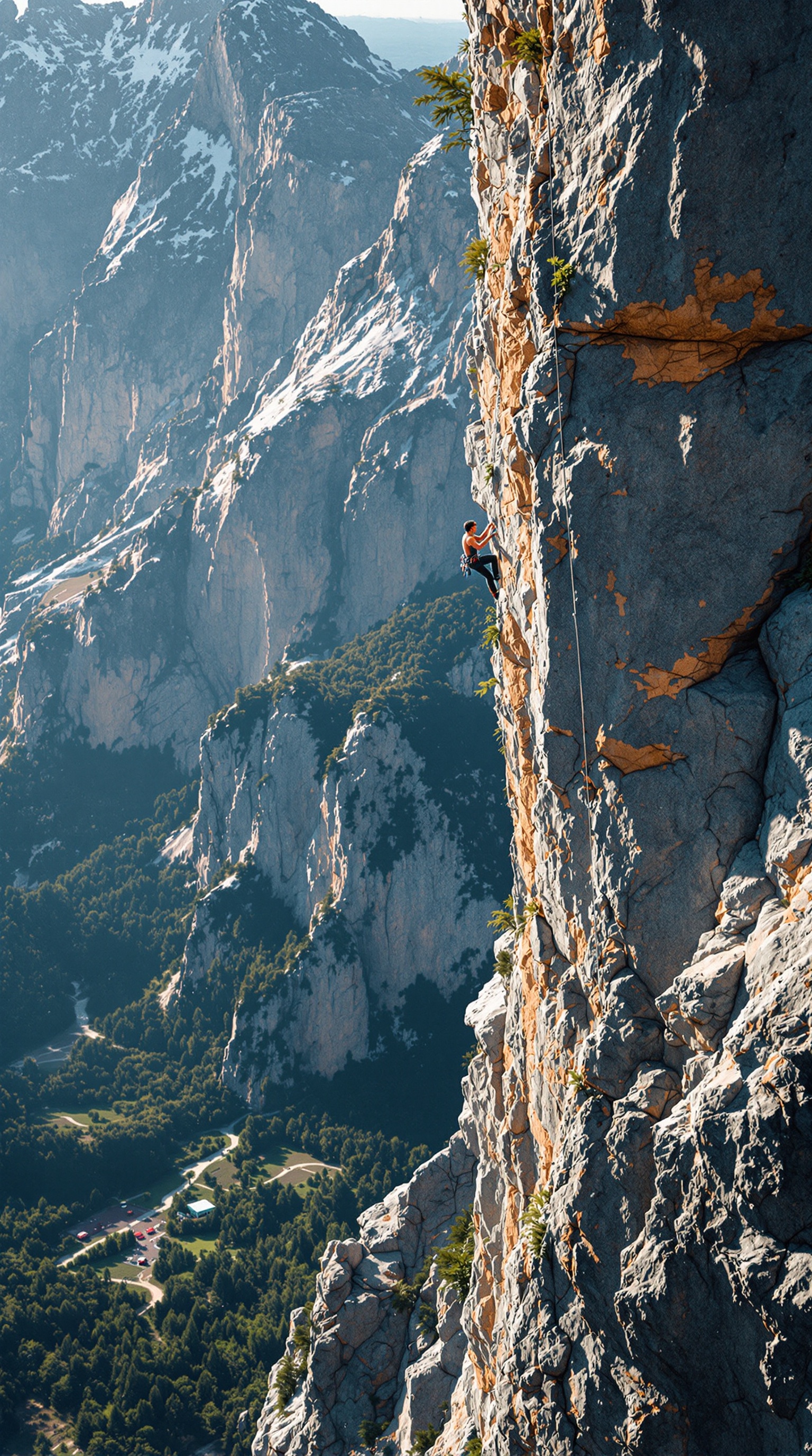 A rock climber is scaling a cliff face. The scene shows a high angle perspective. The image is highly detailed and hyperrealistic, captured in RAW format at 8k resolution.