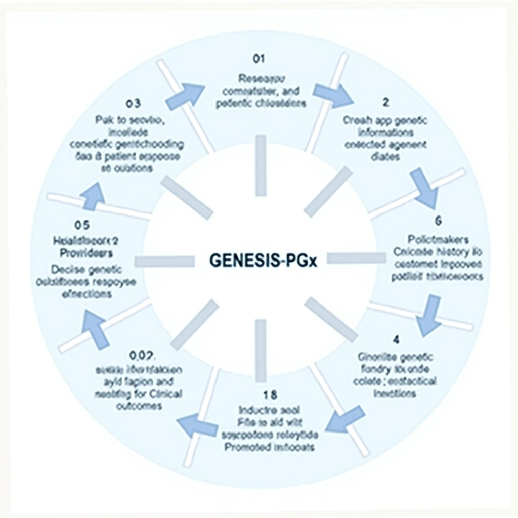 Schematic diagram showing the Circular Flow Model for the GENESIS-PGx Project. Key components include Research and Innovation, Healthcare Providers, Patients, Policymakers, and Industry. Each component has inputs, processes, and outputs that illustrate the model's function.