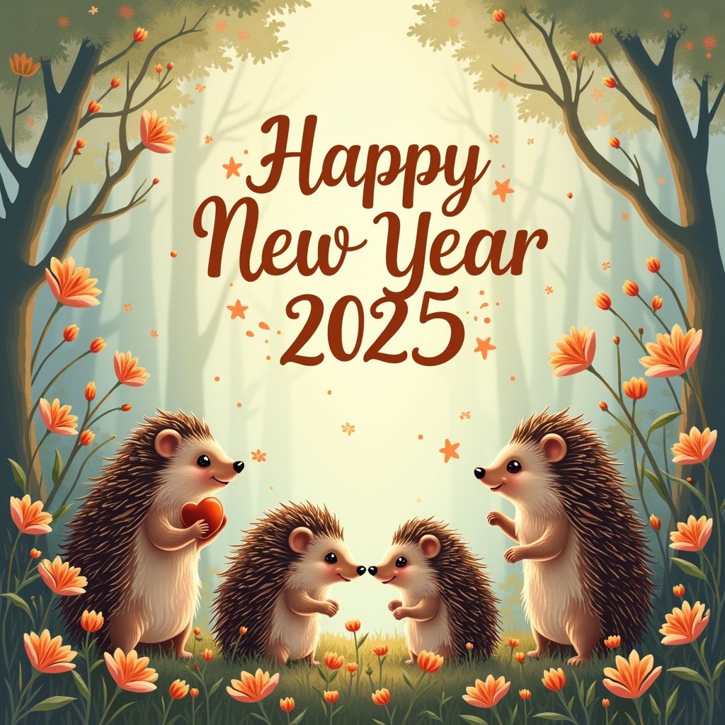 A magical scene features four hedgehogs. They are amongst colorful flowers. The text Happy New Year 2025 is displayed in a beautiful font. The setting feels warm and inviting with soft colors.