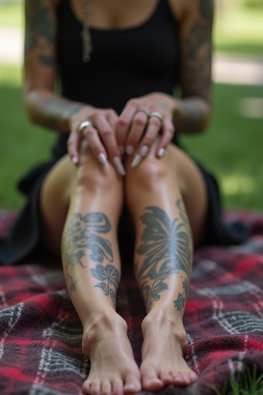 Mature goth woman sits outdoors on a blanket. She shows tattooed legs and bare feet. Tattoos feature floral designs. Natural light illuminates the scene.