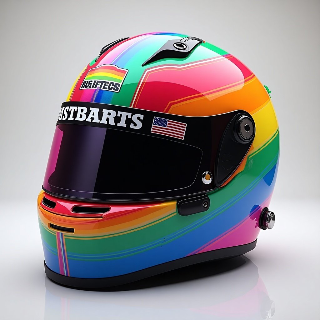 Design a racing helmet with LGBT Rainbow flag. Use fluorescent colors. Include a logo with sharp line designs.