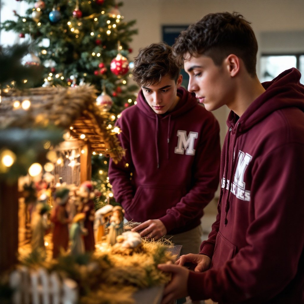 Three athletic boys in maroon hoodies observe a Christmas manger scene. They are standing and kneeling, engaged with the display.