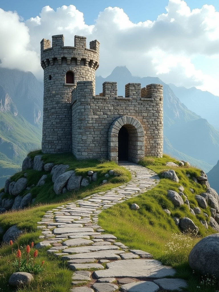 A small stone castle sits on a hillside. The stones show individual craftsmanship. A winding stone pathway leads to the castle entrance. Grass and wildflowers grow along the pathway. In the background, high mountains create a dramatic view. Soft clouds fill the sky, enhancing the serene atmosphere.