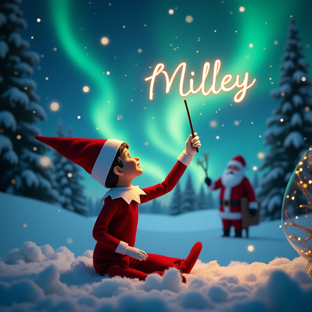 An elf on the shelf sits with its back. The elf gazes upwards. It writes Miley and Callie in the sky with a wand. Northern lights fill the background. Santa Claus is in the distance. Snow covers the ground.