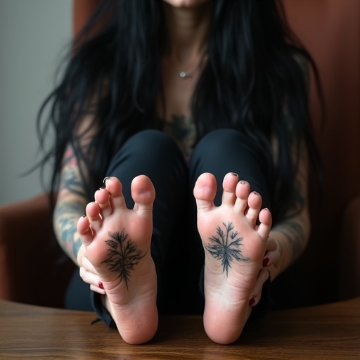 Goth woman with long black hair displays tattooed soles on bare feet. 5 toes visible on each foot. Wears goth clothing. Sits on a chair with feet placed on the table.