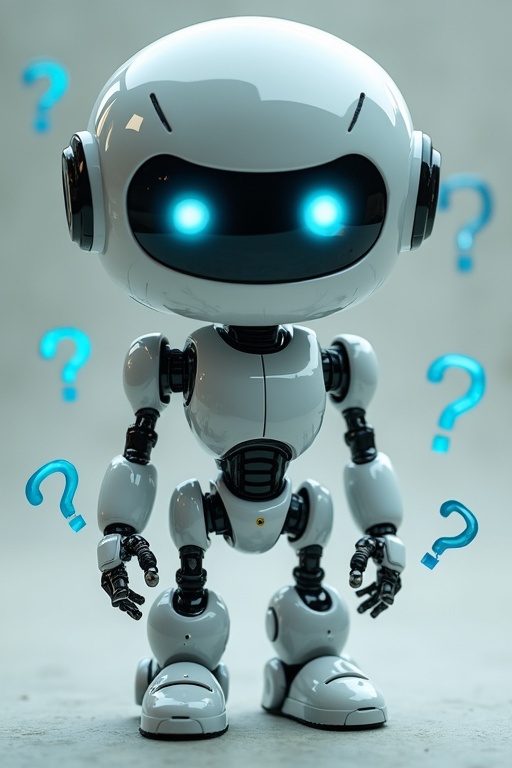 A cute robot with a rounded head and glowing blue eyes stands surrounded by question marks.