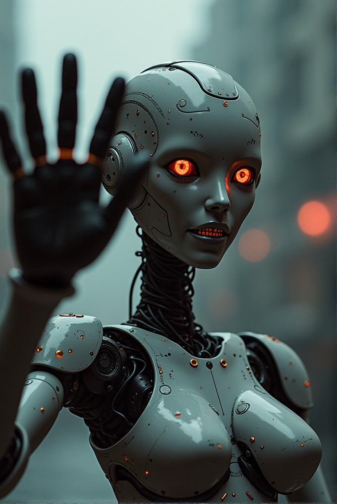 A humanoid robot with glowing red eyes and intricate mechanical details raises its hand in a misty urban environment.