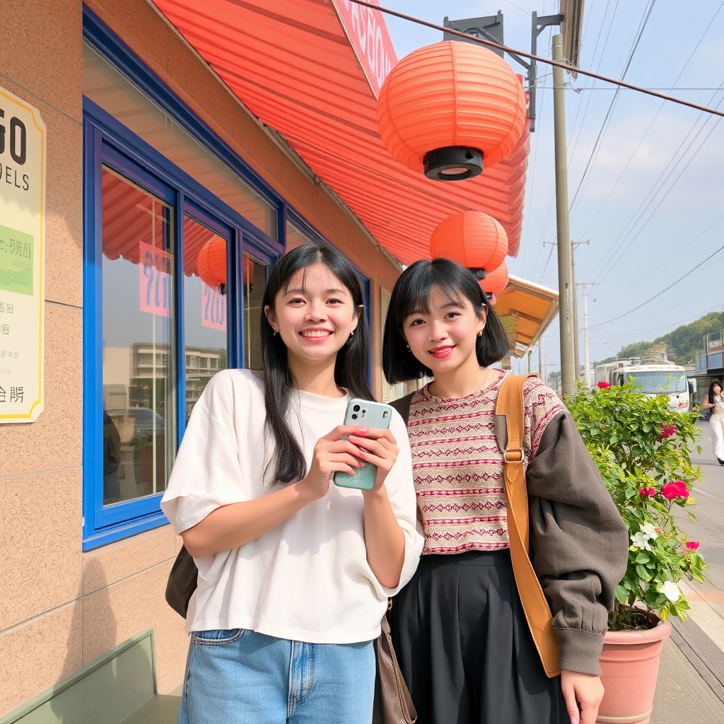 Two smiling women pose in front of a storefront with red lanterns, holding a phone and wearing casual attire on a sunny day.