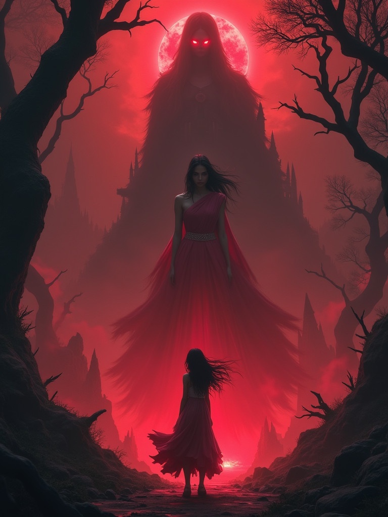 A dark dreamscape filled with swirling red mist. Gnarled trees in a sinister landscape. A tall woman with black hair and glowing red eyes. She wears a flowing crimson gown. A sense of dread fills the air. A colossal palace shrouded in mist nearby. Jagged spires loom ominously. A boy in a white kurta stands frozen in fear. Surrounding scenery evokes tension and horror.