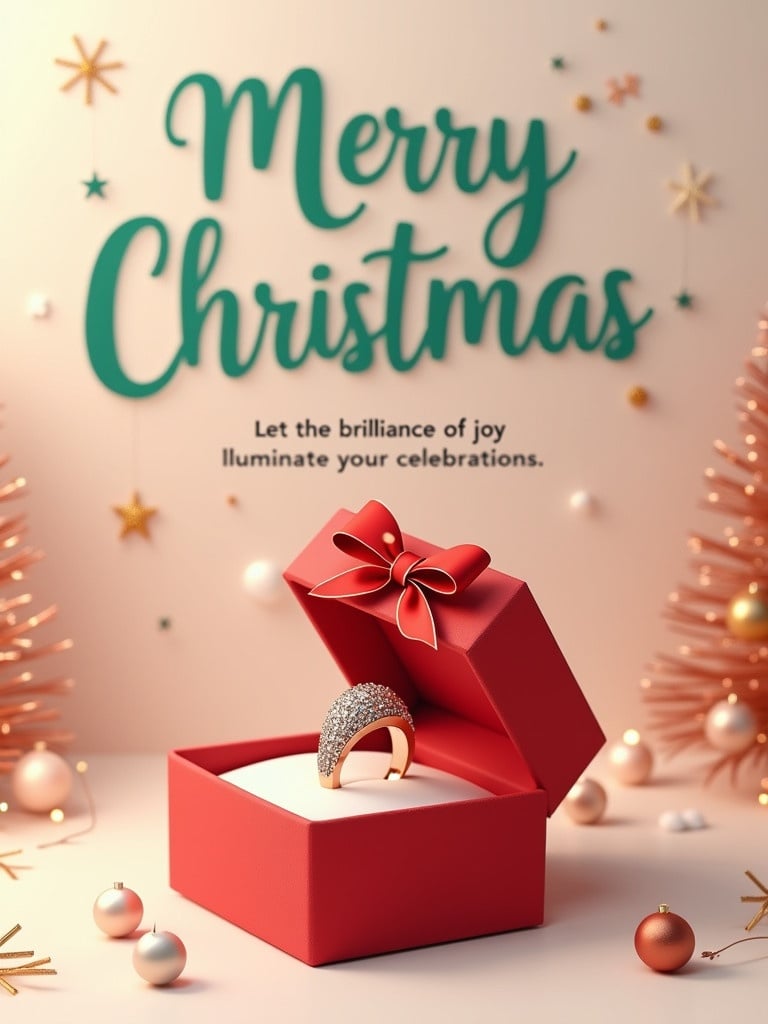 Still life composition featuring a red gift box with a bow containing a rose gold ring with diamonds. Background includes teal Merry Christmas text with decorative holiday elements. Soft beige backdrop enhances festive atmosphere.