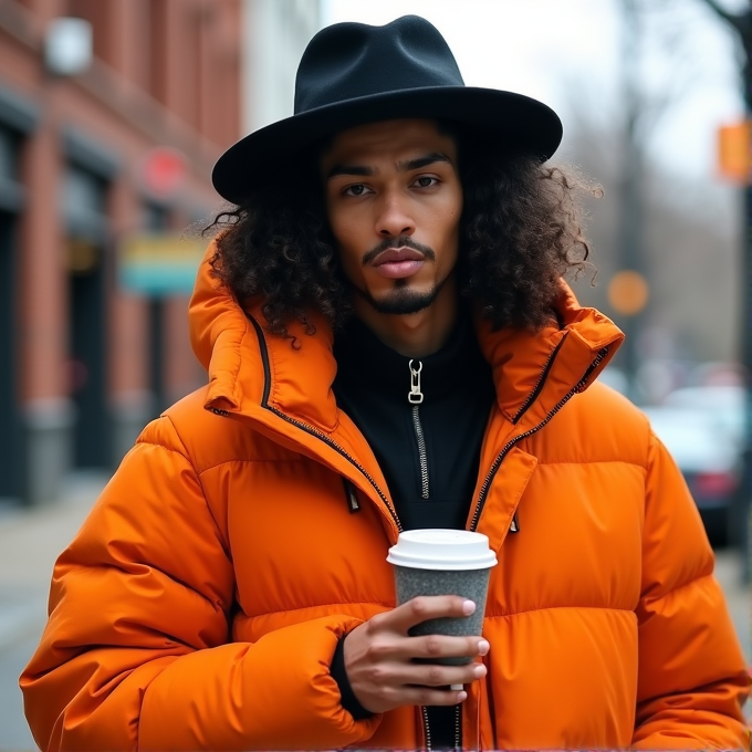 A person in an orange puffer jacket and black hat holds a coffee cup on a city street.