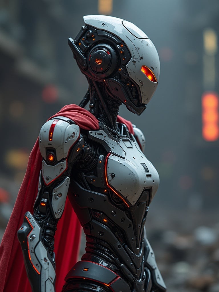 A humanoid robot designed with sleek lines and intricate detail. The robot has a silver and black metallic body with glowing orange elements. A dramatic red cape flows behind the robot, set in a futuristic urban backdrop that hints at advanced technology.