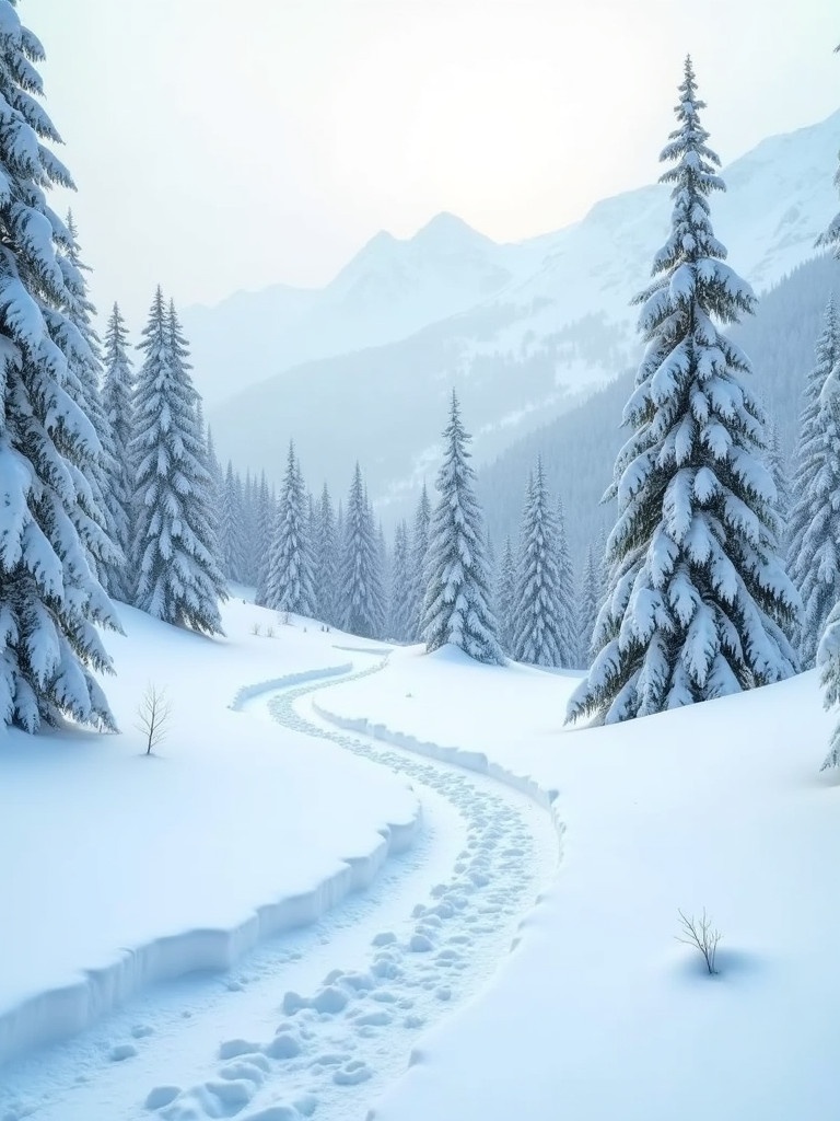 A serene winter landscape with snow-covered trees and distant mountains. A winding path leads through the snow. An overcast light casts a gentle glow. Foreground shows clear tire tracks in the snow.