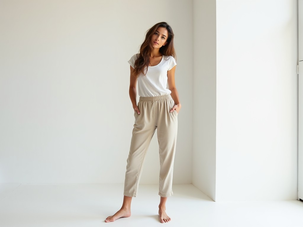 A woman standing in a minimalist indoor setting, wearing a white t-shirt and beige pants, posing casually.