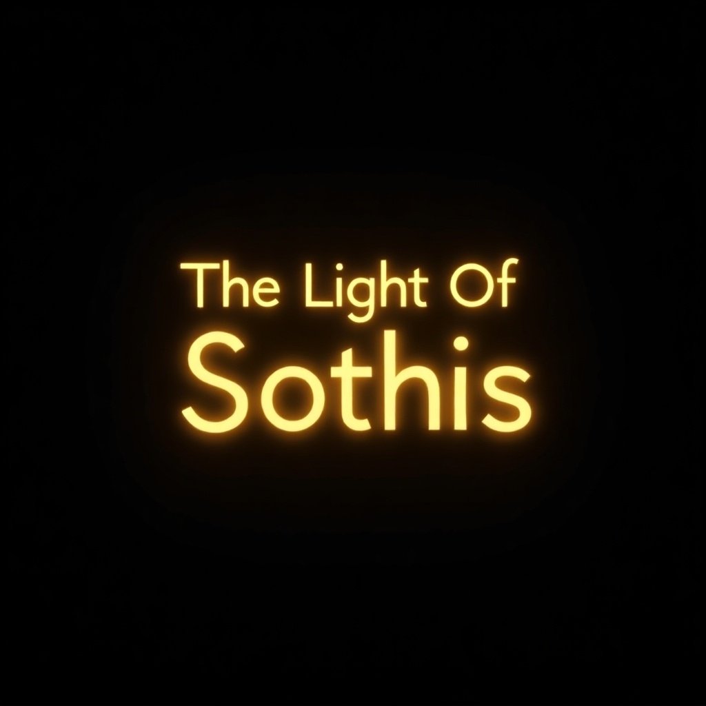 Black background with text 'The Light Of Sothis'. Ethereal glowing yellow font like heavens brightest star, blends well with galaxy colors. Design should be pretty and fancy.