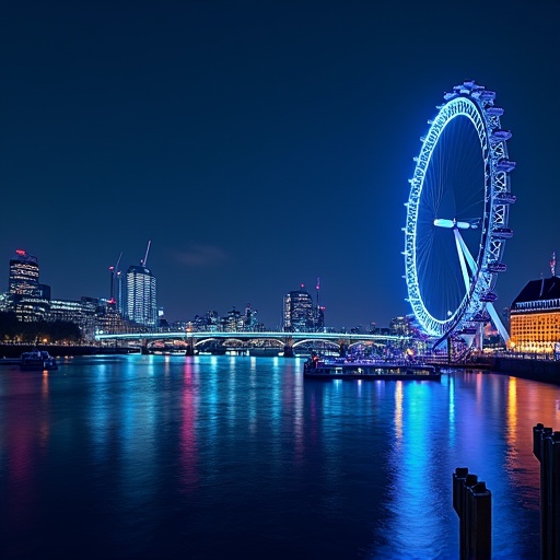 Night view of London city featuring illuminated London Eye and wireless connection theme. Vibrant lights reflect on the River Thames. Modern skyline is visible in the background.