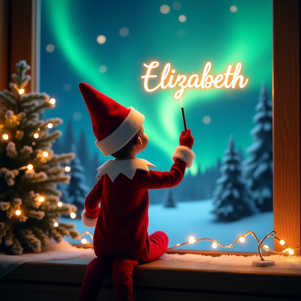 An enchanting Christmas scene featuring an elf on the shelf, who is facing the sky with his back to the viewer. The elf, dressed in red and white, wields a magic wand, writing 'Elizabeth' in a glowing script above him. The backdrop is adorned with vibrant northern lights, adding a magical ambiance. The scene is festive, portraying the spirit of Christmas with a whimsical twist. The elf's position and action create a sense of wonder and excitement that captures the joy of the holiday season.