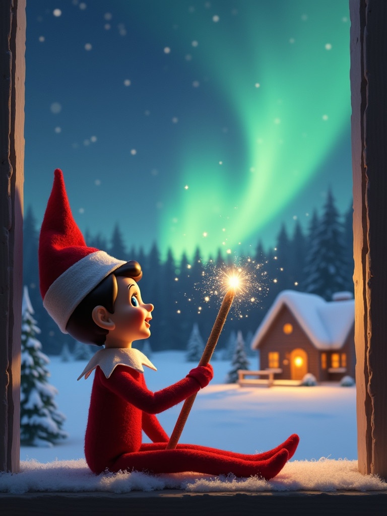 Elf sits on a window sill with glowing wand. Elf gazes outside towards colorful northern lights. Cozy house appears in the distance. Snow covers the ground. Scene embodies magic and wonder of Christmas. Names 'Josh, Enzo & Laila' visible in the air from the wand.