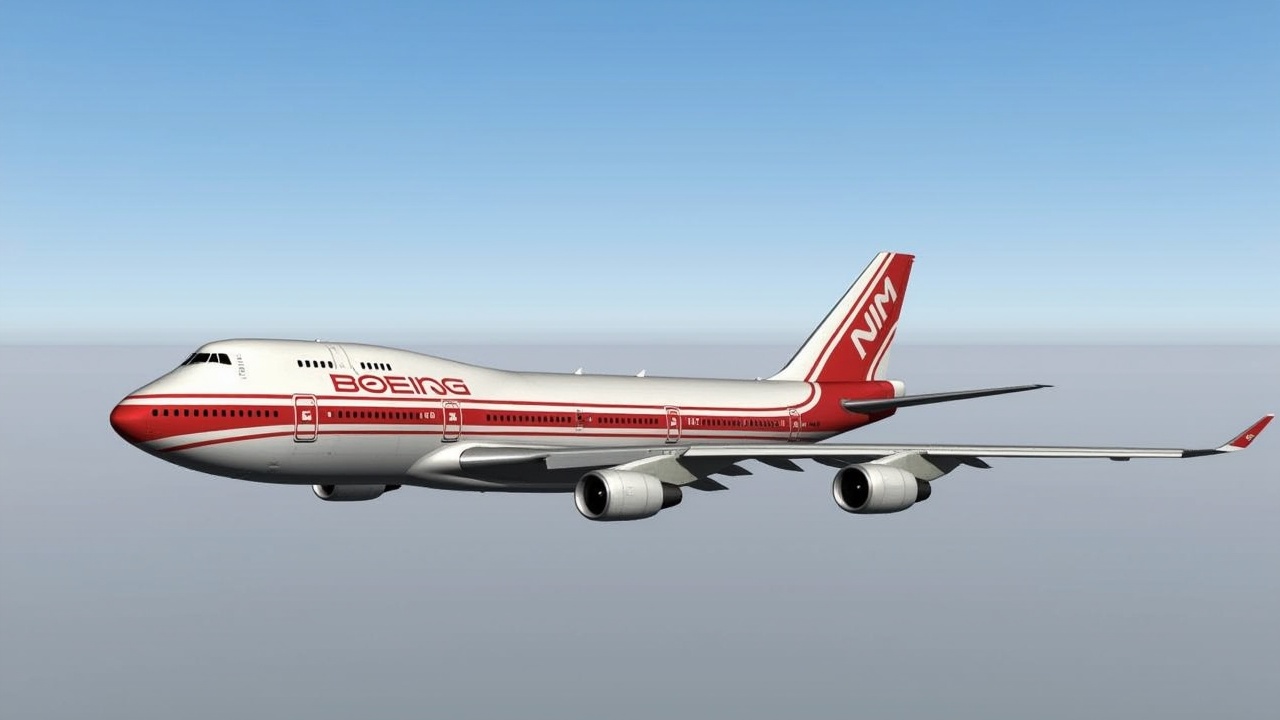 The image showcases a Boeing 747-200 flying in clear skies. It features a classic design with a red and white livery, specifically representing Nim Airlines. The aircraft is captured from a side angle, highlighting its shape and wings. The bright blue sky further enhances the visual appeal. This image represents a popular commercial airliner, known for its size and passenger capacity.