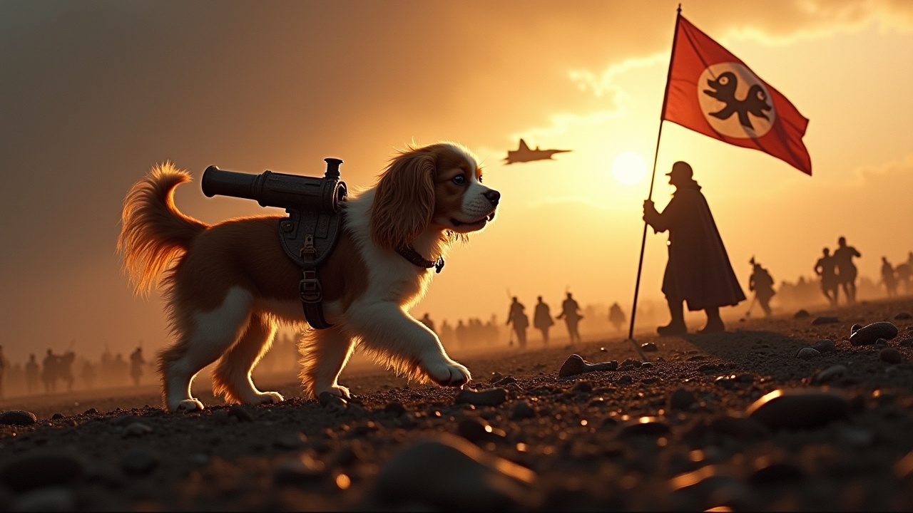 In a dramatic and awe-inspiring scene, a fluffy brown and white cavalier king charles spaniel walks across a dark, desolate battlefield. There is a small cannon strapped to its back, portraying a unique sense of adventure. Nearby, a figure wearing a cloak stands valiantly, holding a flag adorned with a dog emblem. In the background, a multitude of small soldiers can be seen holding rifles, and tanks are barely visible amidst the shadows. The sky is illuminated by the bright radiance of the sun, creating a stark contrast against the dark ground. A jet fighter flies overhead, adding to the intensity of the moment. At the bottom, the text 'Mucy' is boldly displayed in fiery writing, adding flair to this captivating image.