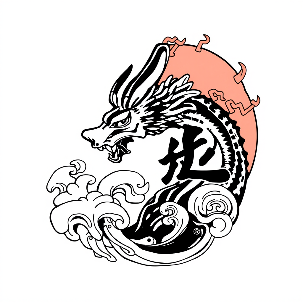 The black and white image features a dragon amidst waves, with a pink circle behind it.