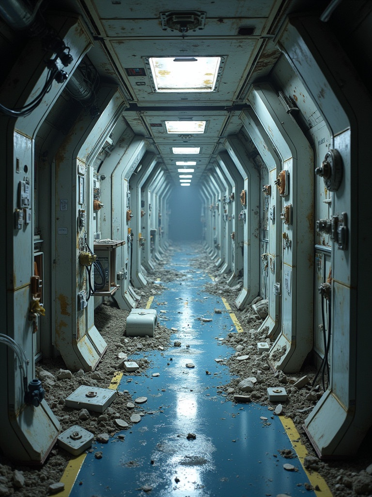 Interior of damaged space station. Long narrow corridor filled with debris. Dimly lit with light panels on the ceiling. Walls are metallic with signs of wear.