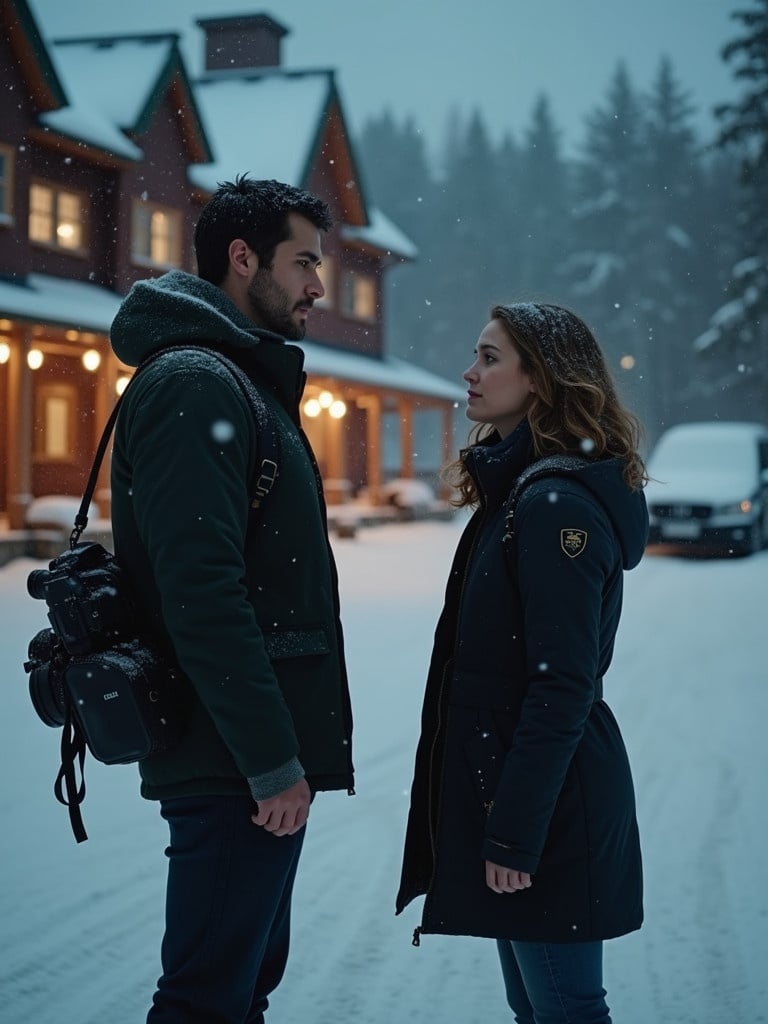 A snow-covered lodge exterior with soft Christmas lights glowing in the evening. One person stands near a car with a camera bag. The other person stands in front, cheeks flushed from the cold. Snow falls gently around them.