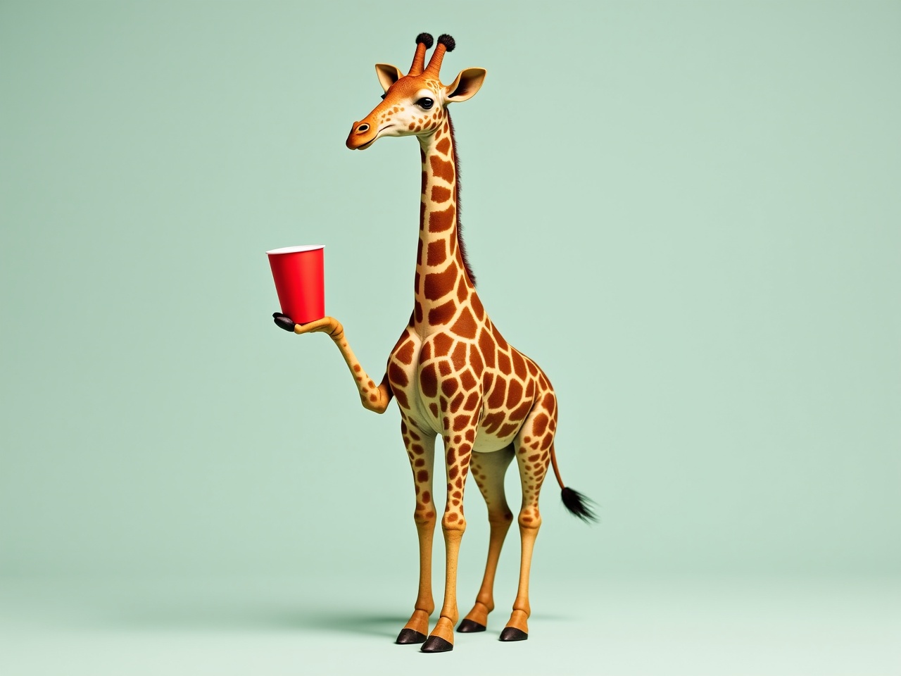 This image features an anthropomorphic giraffe standing upright on its hind legs, exuding a playful and friendly vibe. It is holding a bright red solo cup, suggesting a fun or party atmosphere. The giraffe's skin is adorned with distinctive brown patches against a light green background, providing a vibrant contrast. Its large, expressive eyes emphasize a cheerful personality. The design blends humor and colorful artistry, making it appealing to both children and adults.