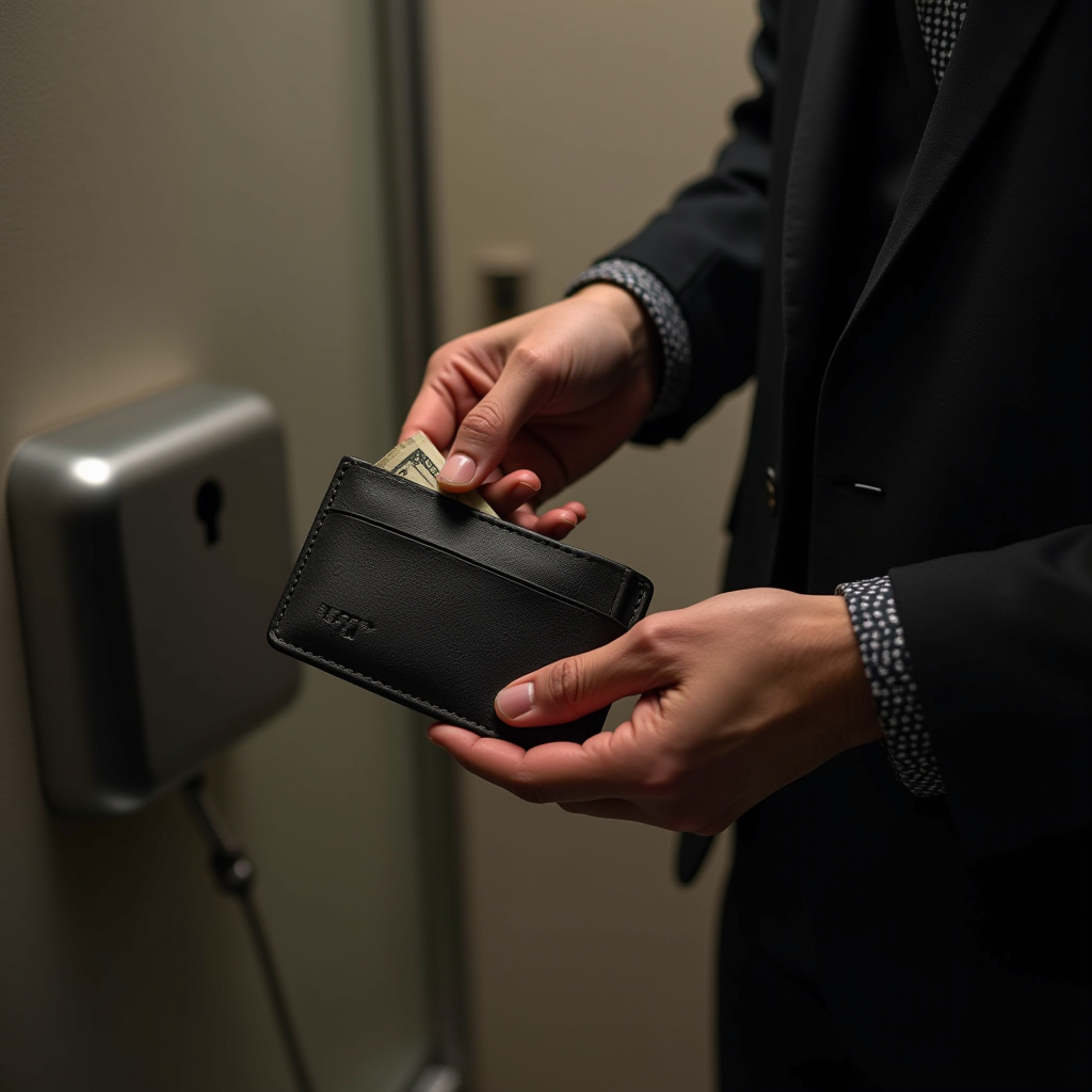 A person holding a sleek black cardholder with a bill visible, demonstrating a minimalist and sophisticated style.