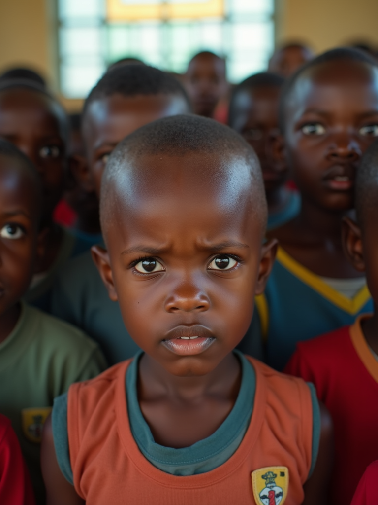 A group of young children in colorful clothes gather closely, with one child in the foreground looking curiously into the camera.