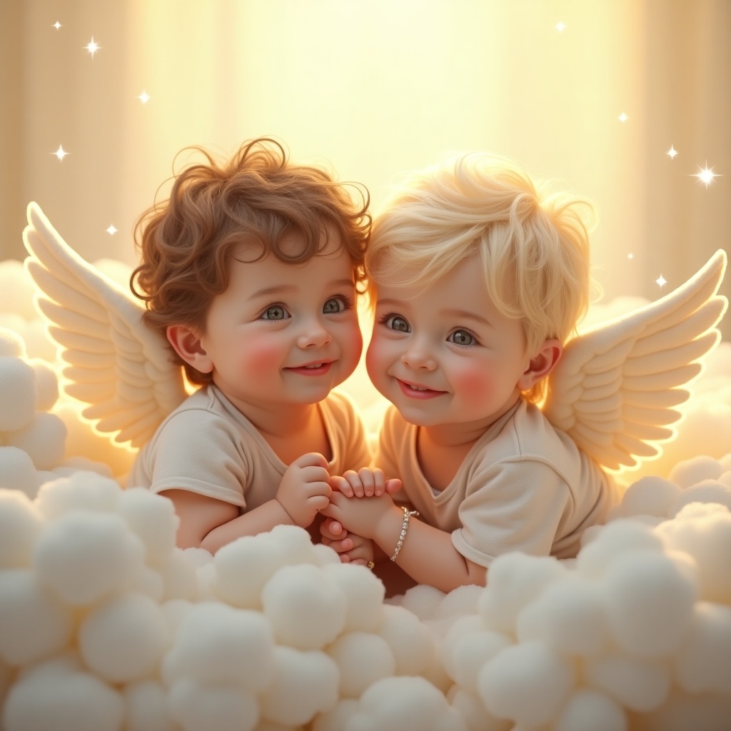 This image shows two adorable baby boys with angel wings, embodying the qualities of innocence and joy. They are smiling at each other while sitting surrounded by fluffy clouds. The soft lighting creates a magical atmosphere, enhancing their cherubic appearance. One baby has curly brown hair and the other has wavy blonde hair. They are holding hands, looking at each other lovingly, and the background sparkles gently. This scene captures the essence of pure joy and childhood wonder.