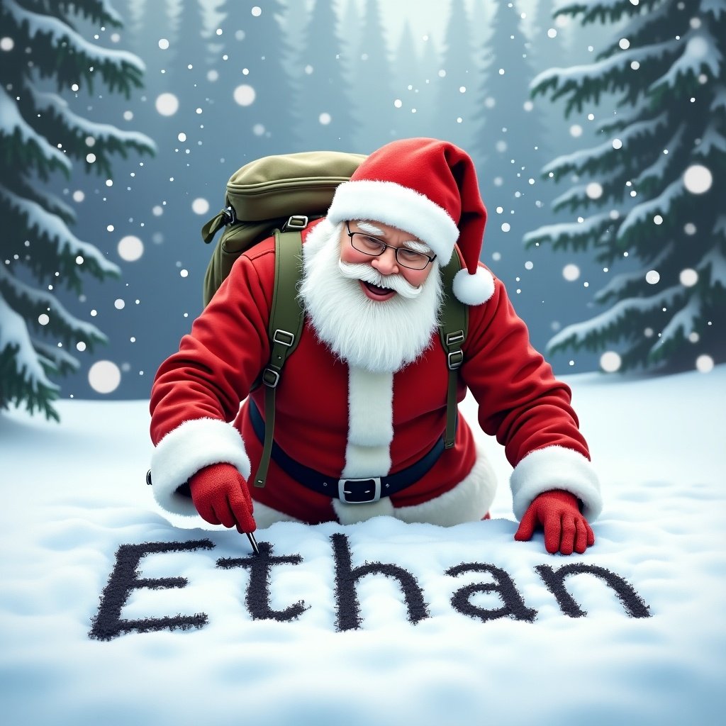 Santa Claus draws name 'Ethan' in snow. Dressed in red suit with white beard. Backpack over shoulder. Winter landscape background with snow-covered trees. Snow falls gently. Santa is cheerful, focused on drawing.