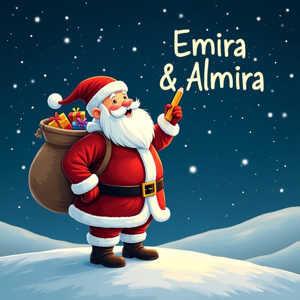 Santa Claus stands on a snowy hill. Santa holds a pencil and looks up. Writing Emira & Almira in the sky. Dressed in red and white. Large sack of gifts.