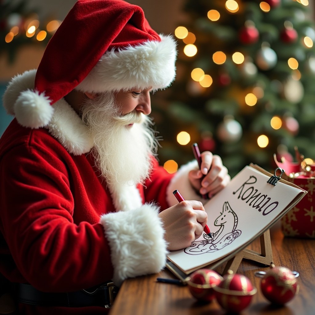 Santa Claus in a festive setting. He is drawing names on Christmas baubles. A decorated Christmas tree is in the background. Santa has a long white beard and is wearing a traditional red suit.