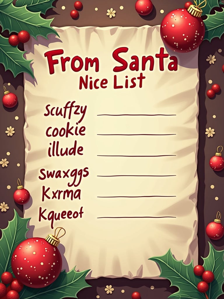 Letter from Santa includes a Nice list and Naughty list. Nice list shows names like scuffzy cookie illude swaxggs kxrma queef. Naughty list features nai beggory anzonic. Contains Christmas decorations like ornaments and holly leaves.