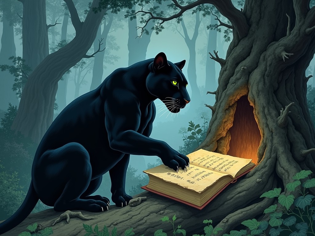 This enchanting image features a black panther, deeply engaged in reading an ancient book resting on a tree stump. The scene takes place in a mystical forest, with a gentle glow emanating from a hollow in the tree trunk, adding an element of magic. The subtle interplay of shadows and muted colors evokes an atmosphere of intrigue and serenity.